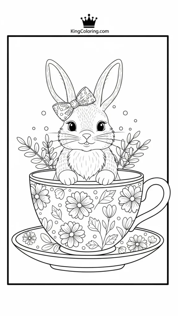 a bunny sitting inside a giant teacup decorated with floral patterns
