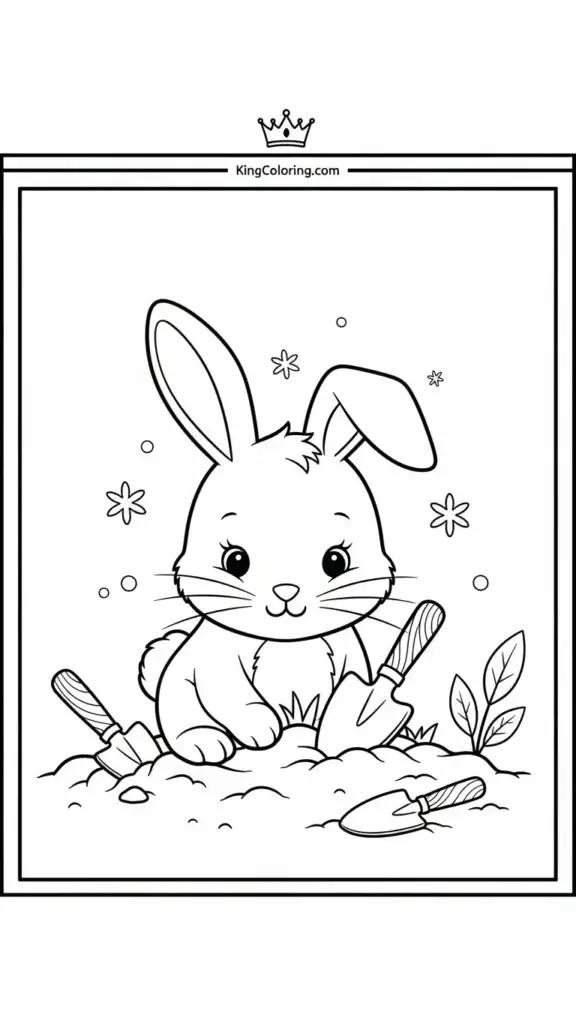 a cute bunny digging in the soil with small gardening