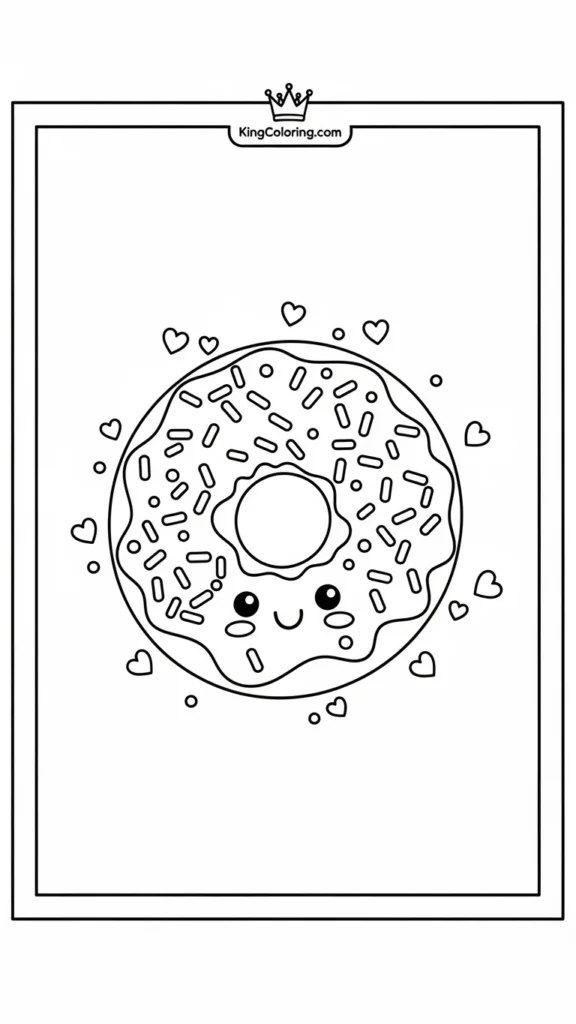 a cute donut with sprinkles and a happy face, floating with tiny hearts around it
