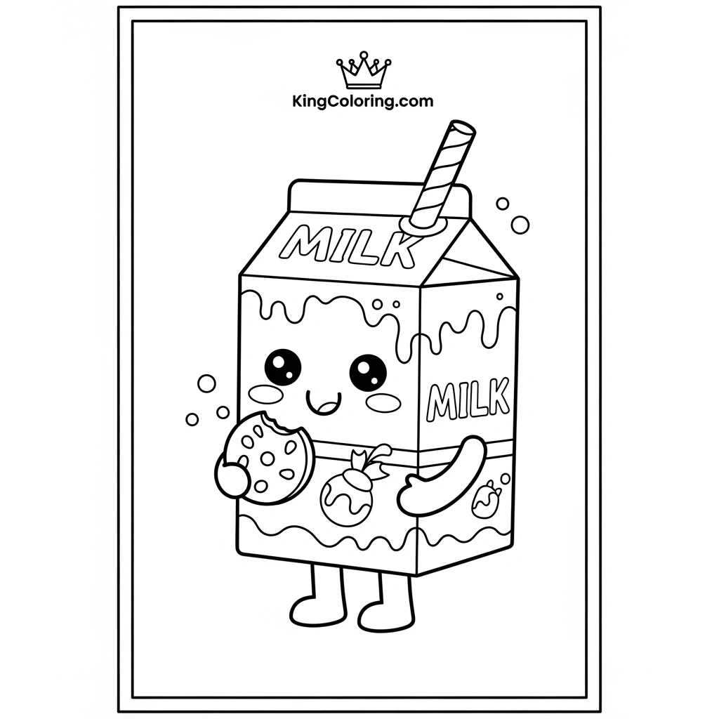 a cute milk carton with a face, holding a cookie