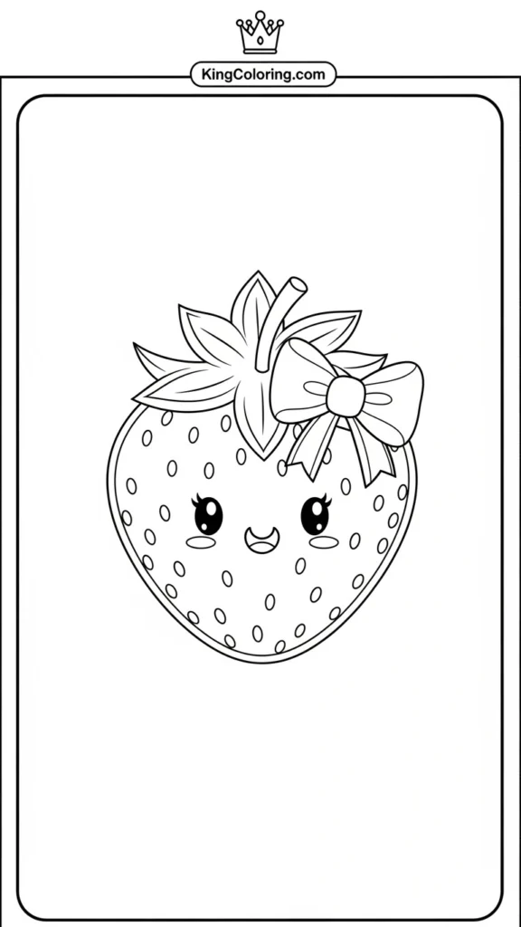 a cute strawberry wearing a tiny bow and cheerful expression