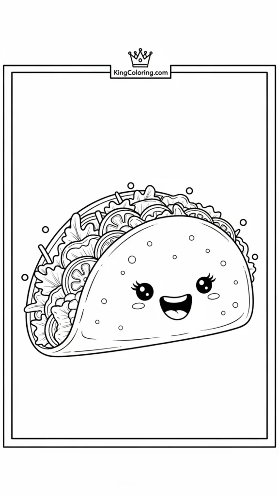 a happy taco filled with veggies and smiling widely
