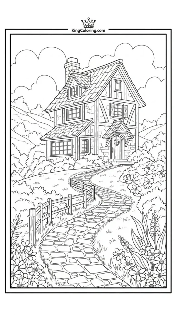 a hillside cottage with a winding cobblestone path