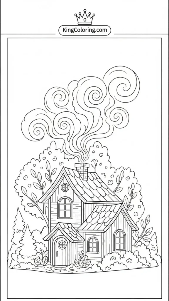 a house with a rounded roof and smoke rising in swirls