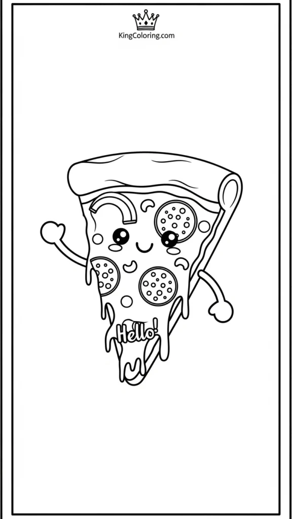 a kawaii-style pizza slice waving hello, with stretchy cheese and round pepperoni,
