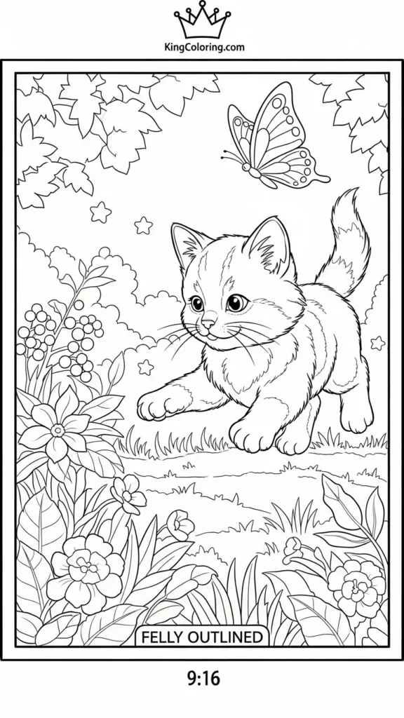 a kitten chasing a butterfly in a garden