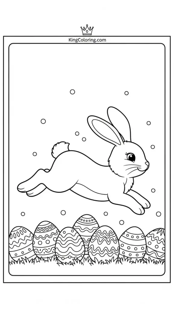 a playful bunny jumping over a row of decorated Easter eggs