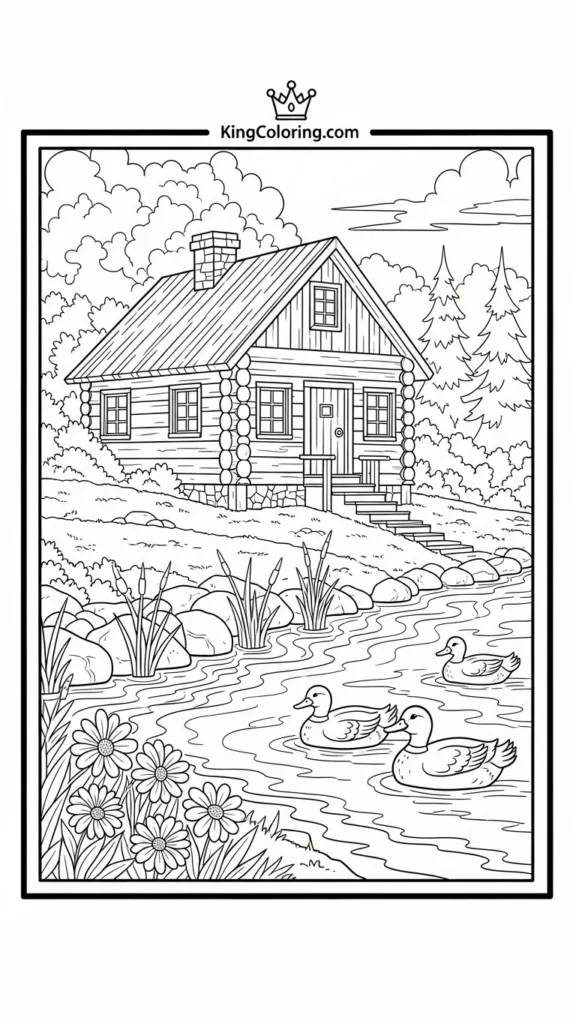 a riverside log house with ducks swimming nearby and flowers along the bank