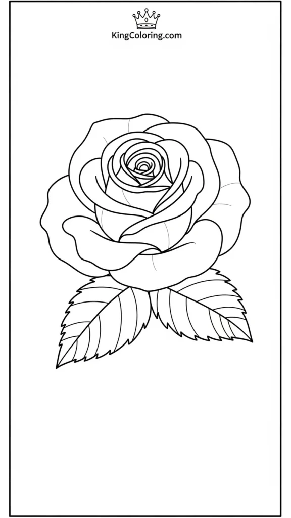 a simple rose drawn with spiral petals and two leaves,