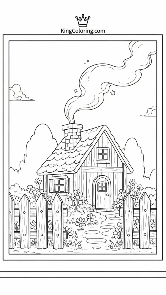 a small cottage with smoke curling from the chimney