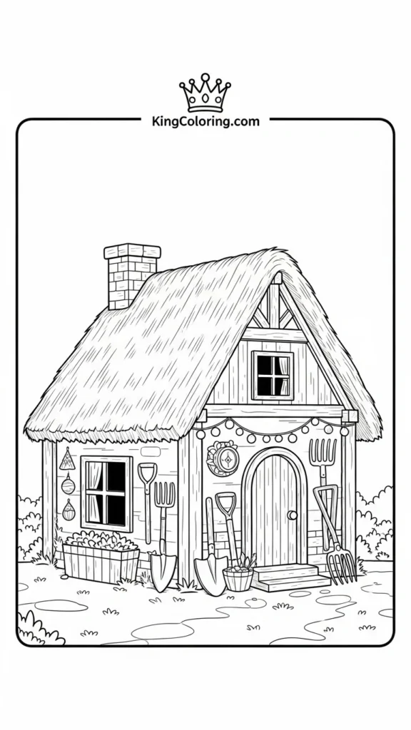 a small house with a thatched roof and garden tools arranged outside