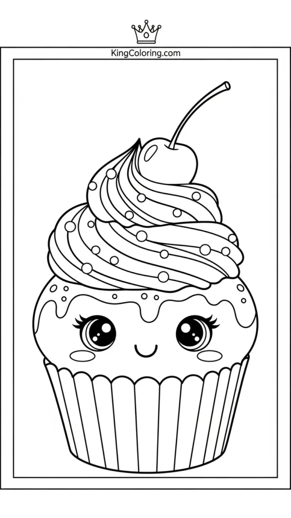 a smiling cupcake with swirly frosting and a cherry on top