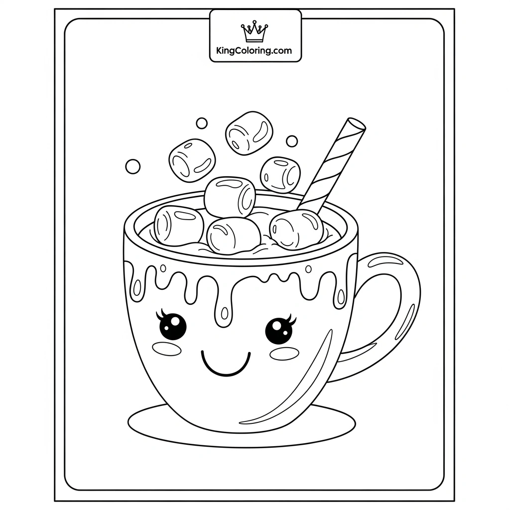 a smiling hot chocolate mug with marshmallows popping out