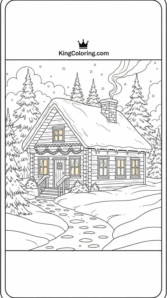 a snow-covered cabin with warm glowing windows