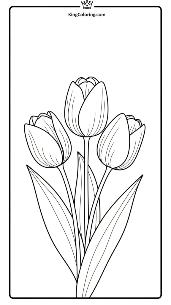 a three simple tulips standing side by side with smooth stems and leaves