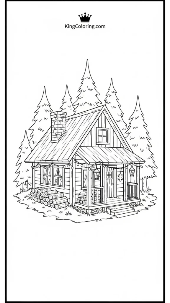 a tiny forest cabin with a stack of firewood and lanterns hanging from the porch