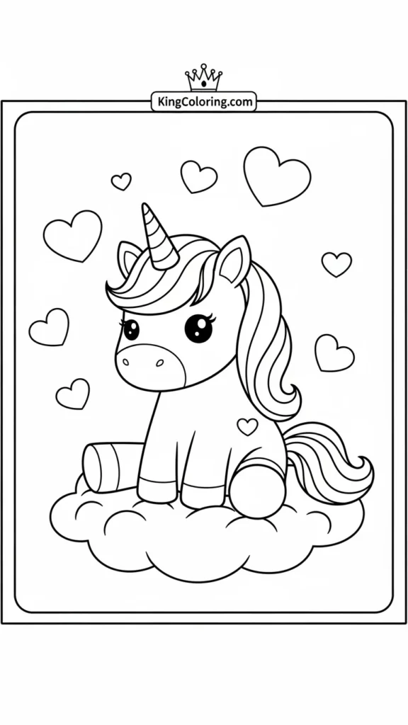 awaii unicorn sitting on a cloud with hearts around