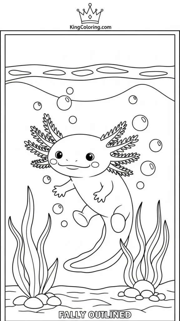 axolotl floating with bubbles and simple plants