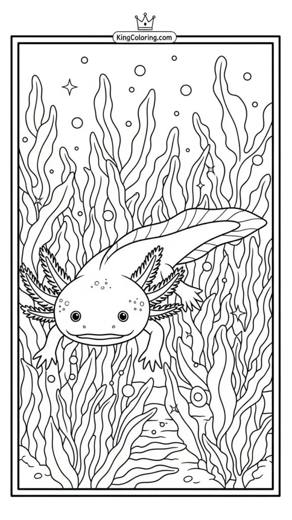 axolotl swimming through seaweed plants