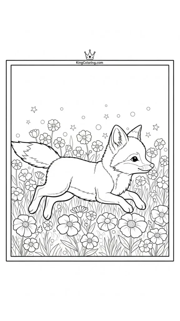 baby fox running through flowers