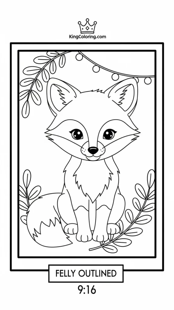 baby fox sitting inside a simple frame with leaves