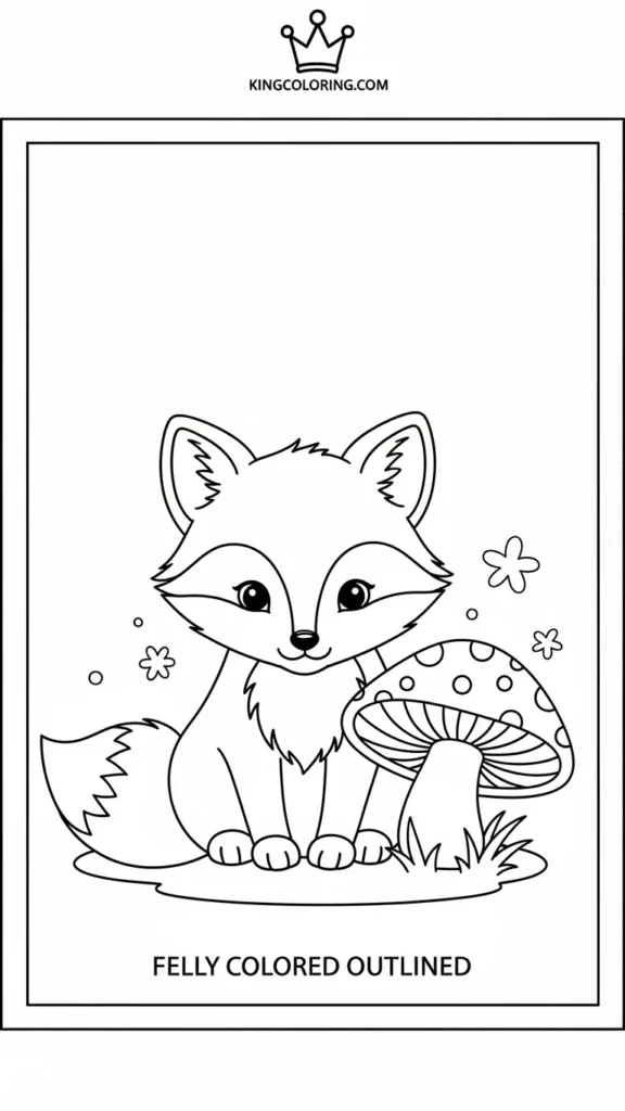 baby fox sitting next to a mushroom