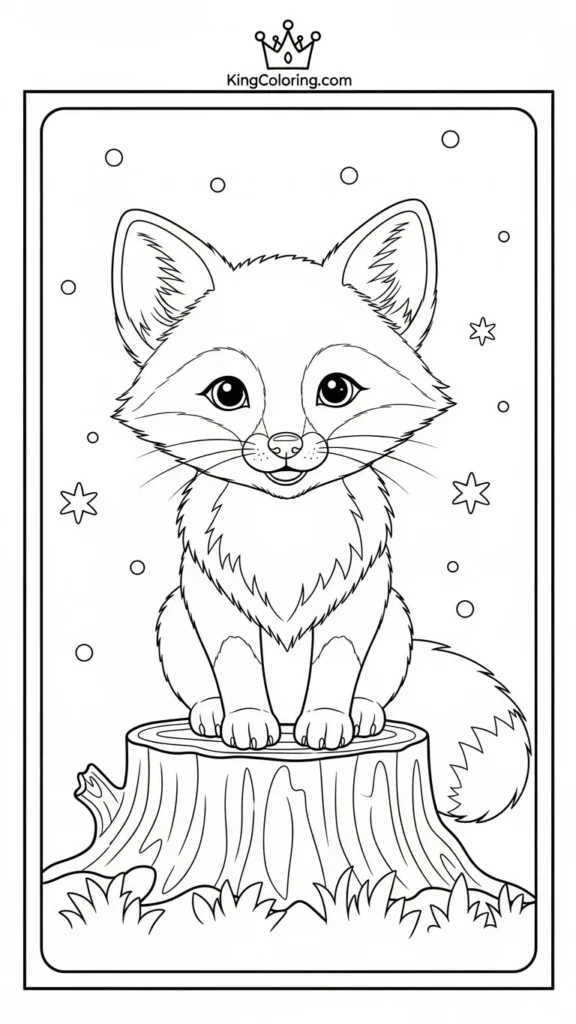 baby fox smiling beside a tree stump