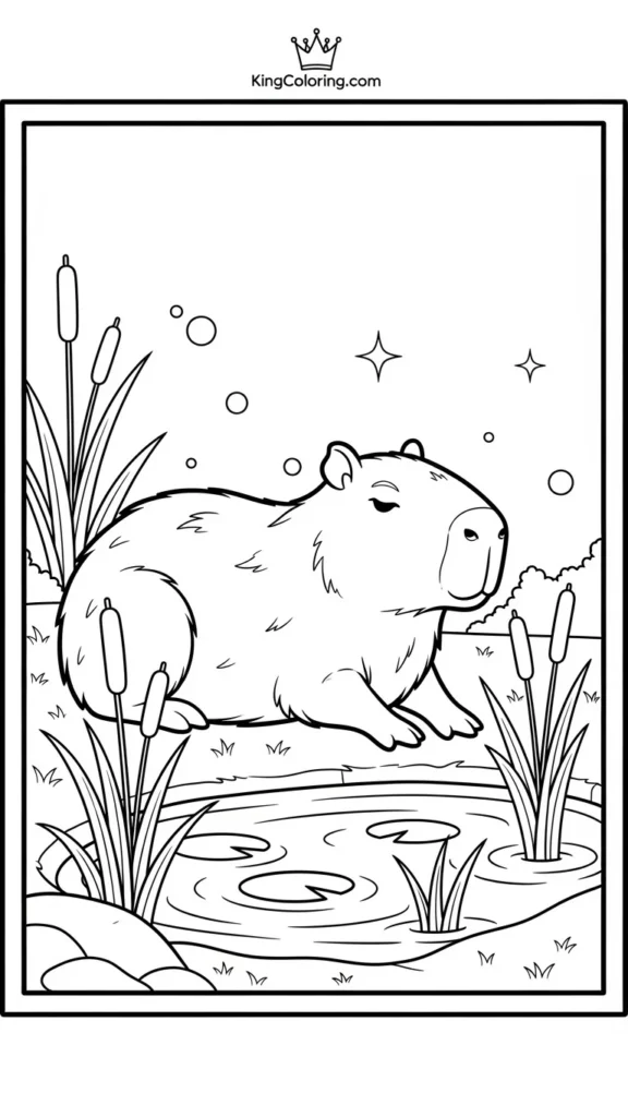 capybara resting beside a small pond with reeds