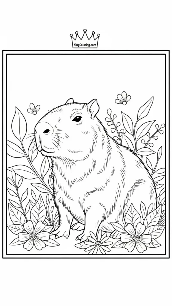 capybara surrounded by leaves and flowers