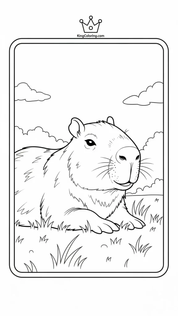 capybara with a happy smile lying on grass