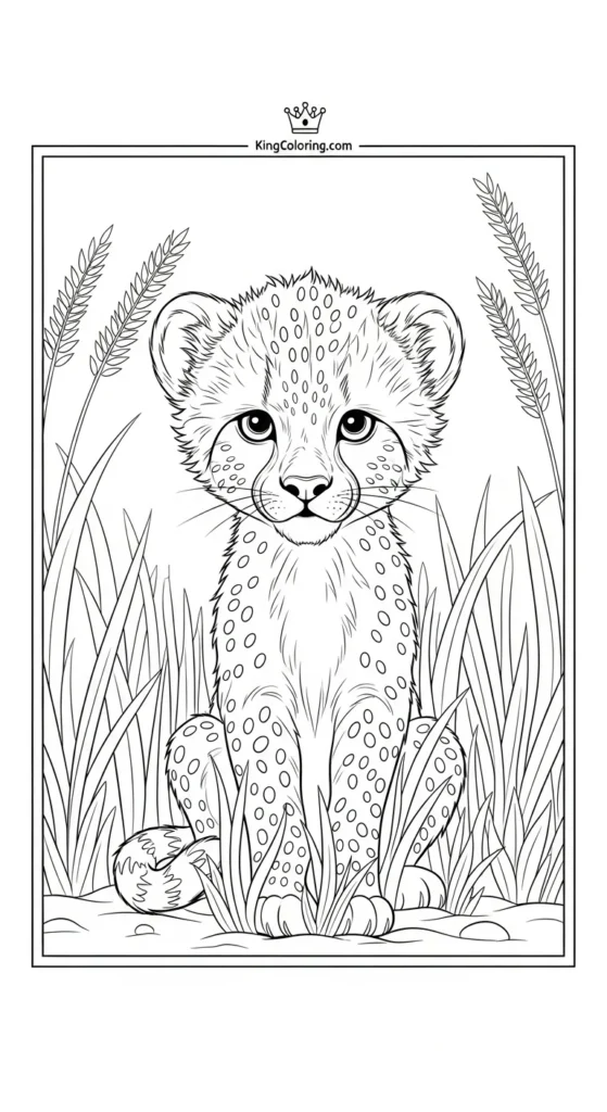 cheetah coloring pages depicting a baby cheetah sitting inside tall grass