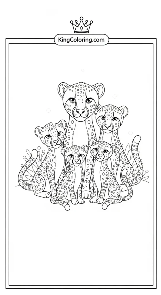 cheetah coloring pages depicting a cheetah family sitting together in a circle
