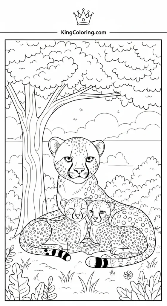 cheetah coloring pages illustrating a cheetah family resting together under a tree