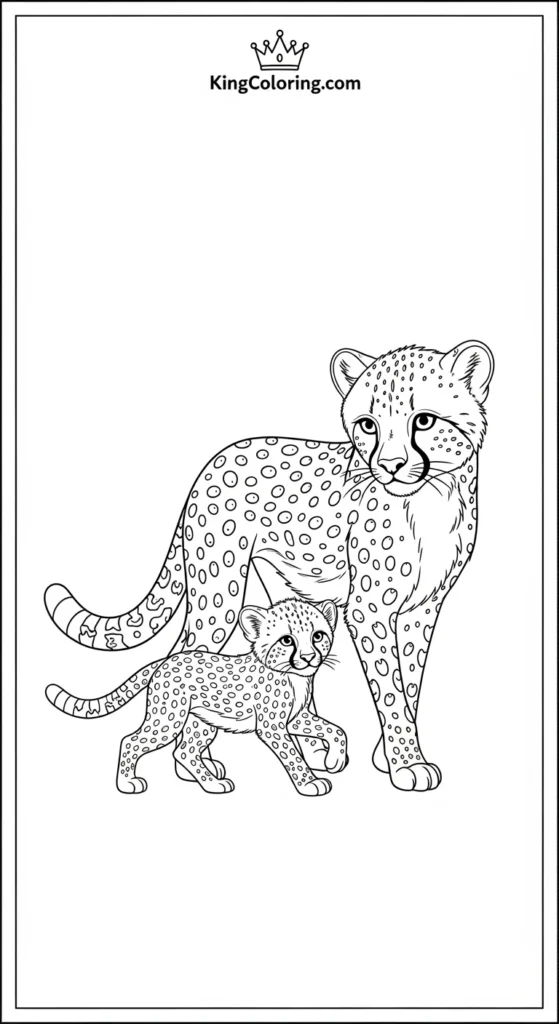 cheetah coloring pages illustrating a parent cheetah teaching a cub to walk