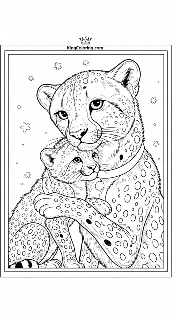 cheetah coloring pages illustrating a parent gently cuddling one cub