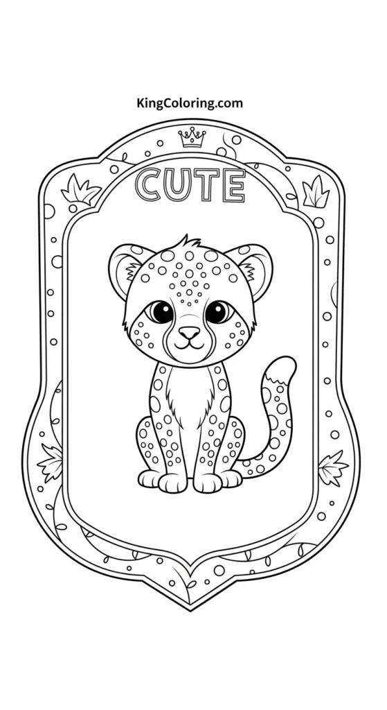 cheetah coloring pages illustrating a small cute cheetah sitting inside a rounded decorative frame