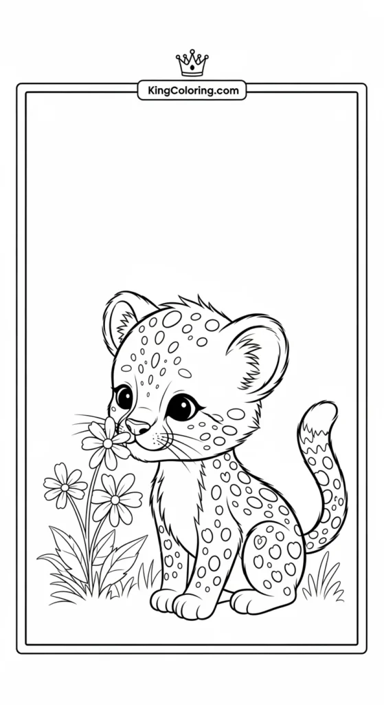 cheetah coloring pages showing a tiny sniffing flowers 