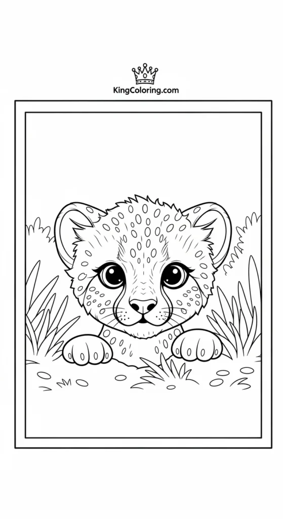 cheetah coloring pages with a baby cheetah peeking from behind bushes