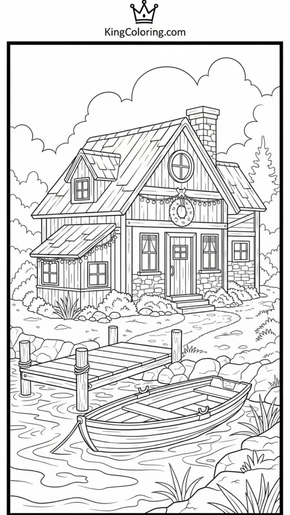 cozy riverside house with a small wooden dock and a rowboat tied up