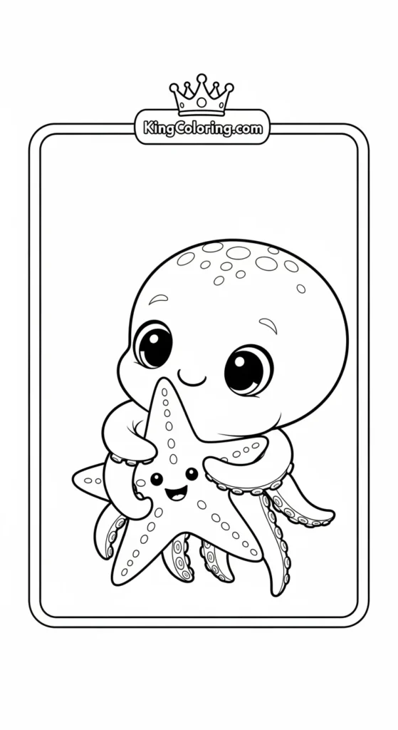 ctopus coloring pages illustrating a baby octopus hugging a starfish
