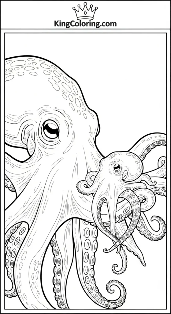 ctopus coloring pages illustrating an octopus parent gently holding one baby octopus with a tentacle