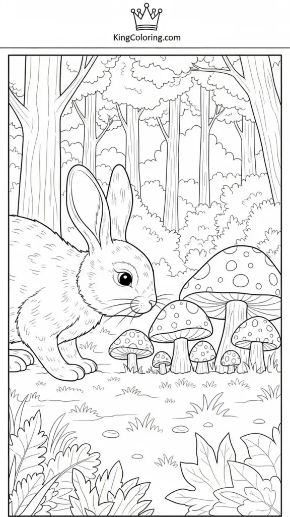 curious bunny sniffing a line of mushrooms in a forest clearing