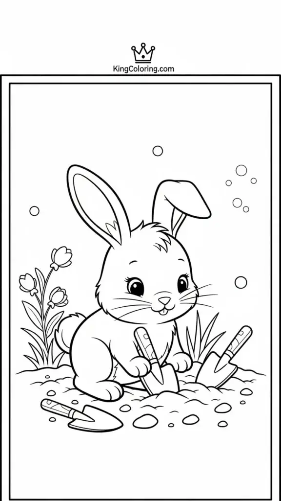 cute bunny digging in the soil with small gardening