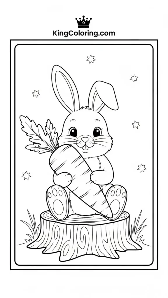 cute bunny sitting on a wooden stump holding a carrot