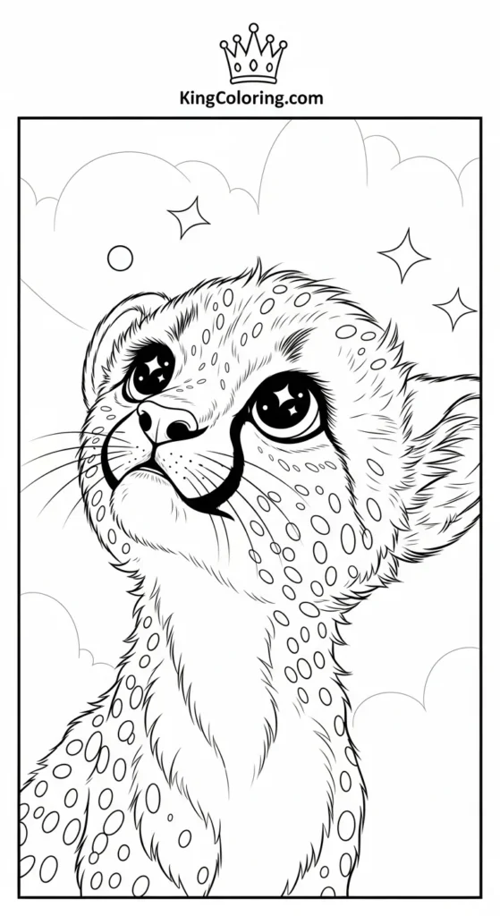 cute cheetah coloring pages showing a baby cheetah looking up with wide sparkling eyes