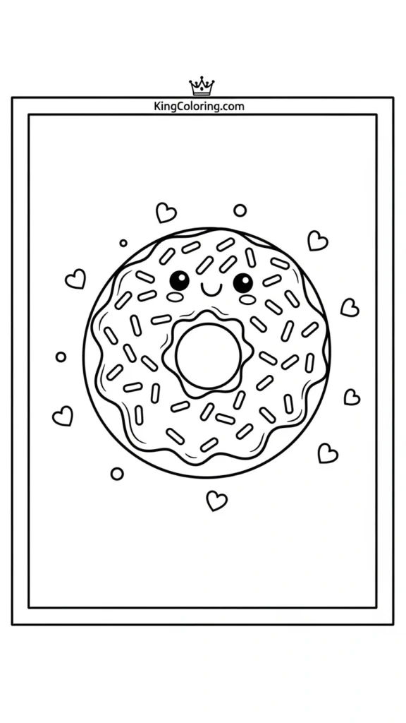 cute donut with sprinkles and a happy face, floating with tiny hearts around it