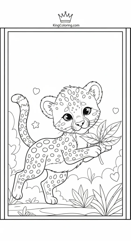 cute cheetah coloring pages with a baby cheetah playing with leaves