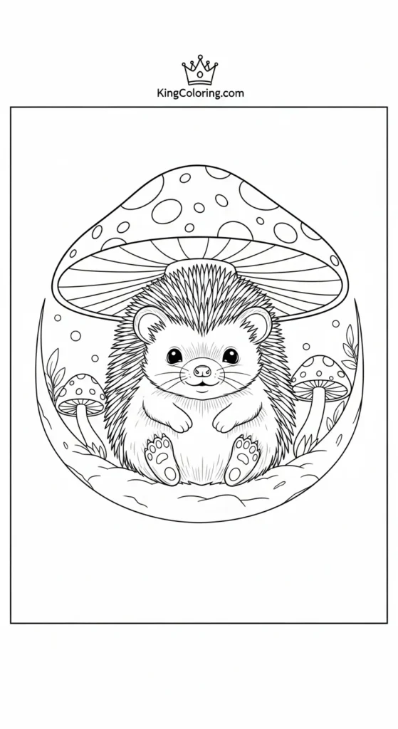 Hedgehog coloring pages depicting a baby sitting inside a mushroom circle