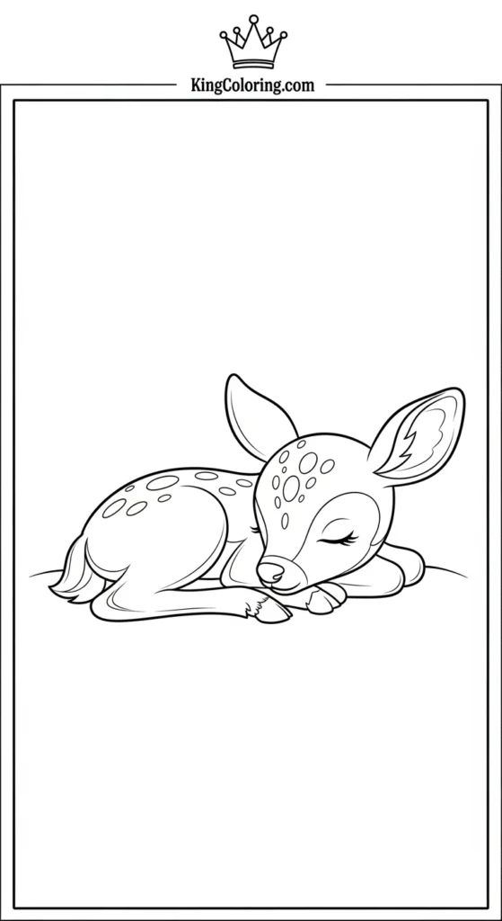 Deer coloring page depicting a small deer sleeping curled up on the ground
