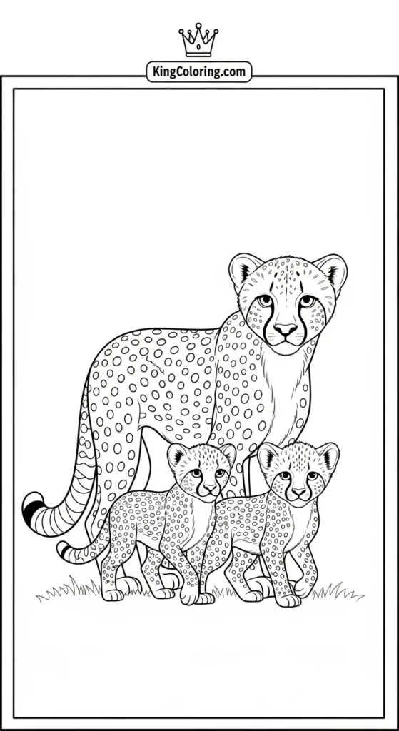 cheetah coloring pages showing a cheetah family with two cubs walking together